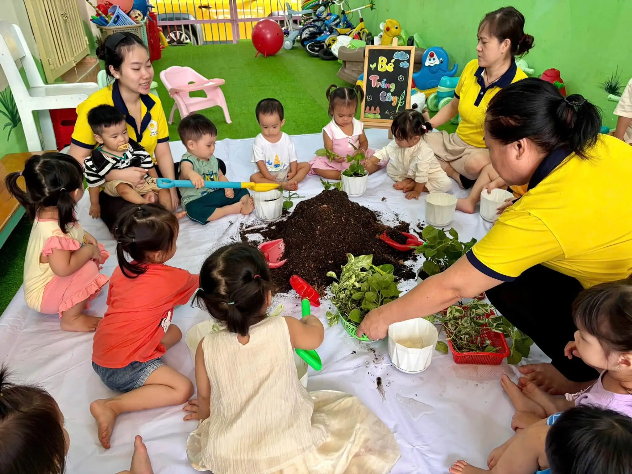 C&aacute;c b&eacute; Mầm non Mặt Trời B&eacute; Con hưởng ứng Ng&agrave;y Trồng C&acirc;y v&agrave; chăm s&oacute;c c&acirc;y xanh